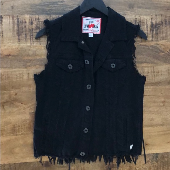Lucky Brand Black Denim + Fringe Vest Jacket - Picture 1 of 8